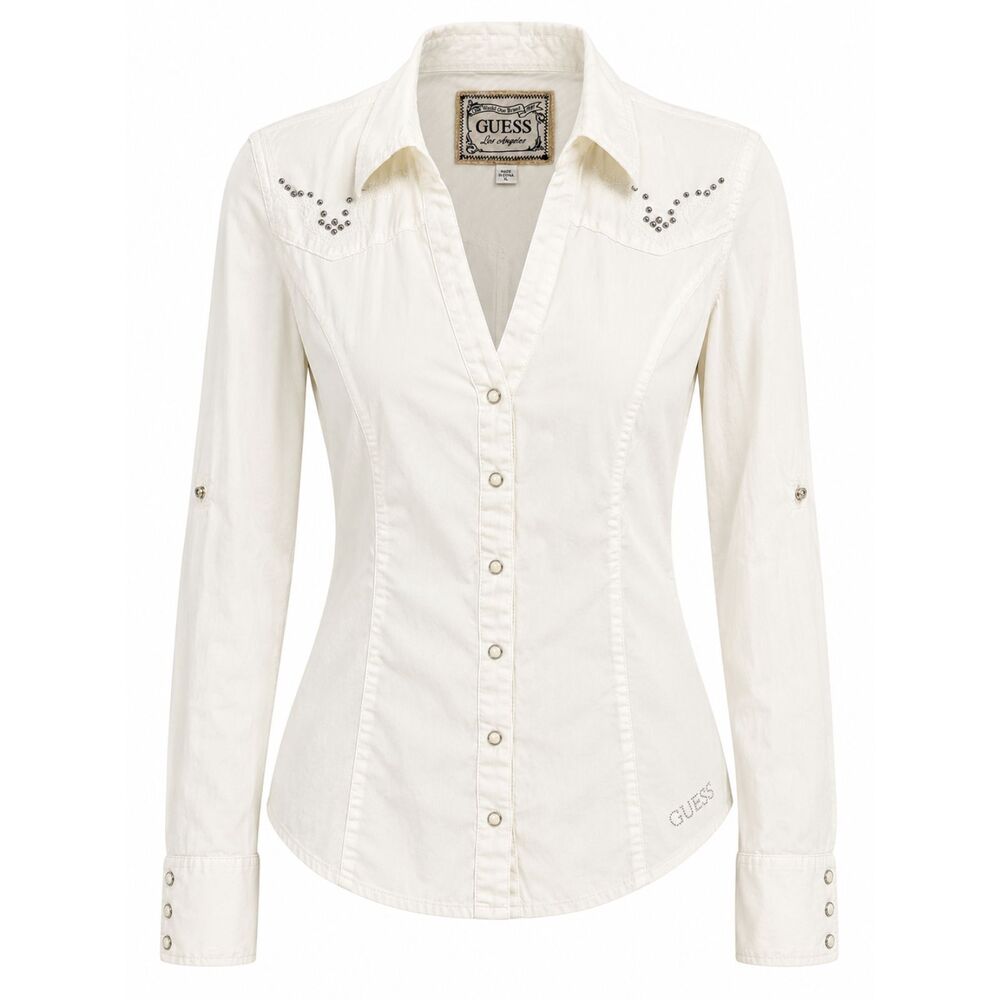 GUESS Los Angeles Women's Western Snap Button Shirt White XL Studded